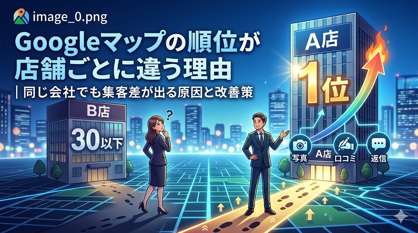 Googleマップの順位が店舗ごとに違う理由を、A店とB店の集客差、写真・口コミ・返信運用の違いで図解したアイキャッチ画像