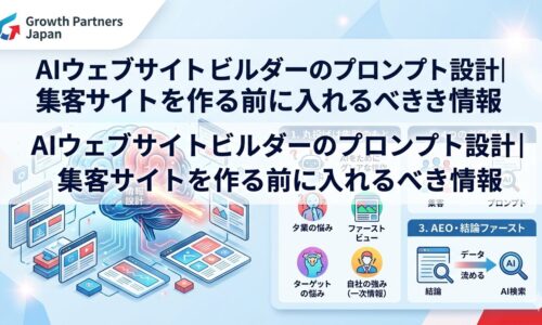 AIウェブサイトビルダーのプロンプト設計をテーマに、集客サイトを作る前に入れるべき情報を解説したアイキャッチ画像。ターゲットの悩み、ファーストビュー、自社の強み、集客導線、AEO対応などの重要項目が図解されている。