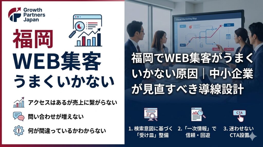 福岡でWEB集客がうまくいかない中小企業向けに、アクセスはあるが問い合わせや売上につながらない原因と導線設計の見直しを示したアイキャッチ画像
