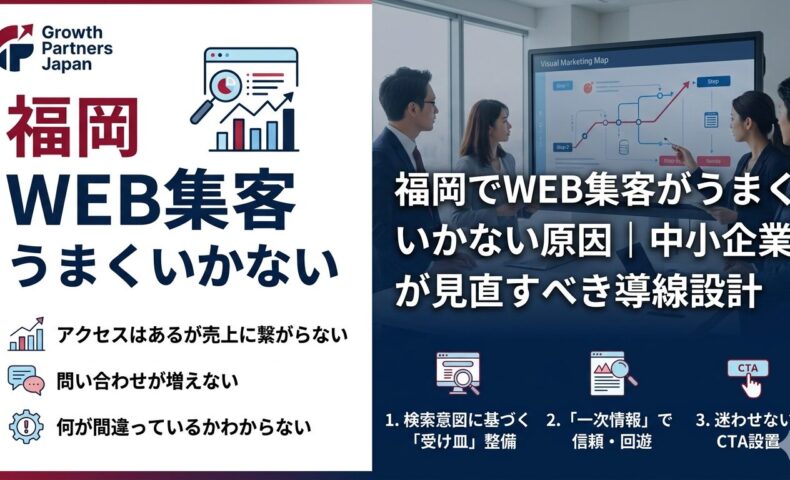 福岡でWEB集客がうまくいかない中小企業向けに、アクセスはあるが問い合わせや売上につながらない原因と導線設計の見直しを示したアイキャッチ画像
