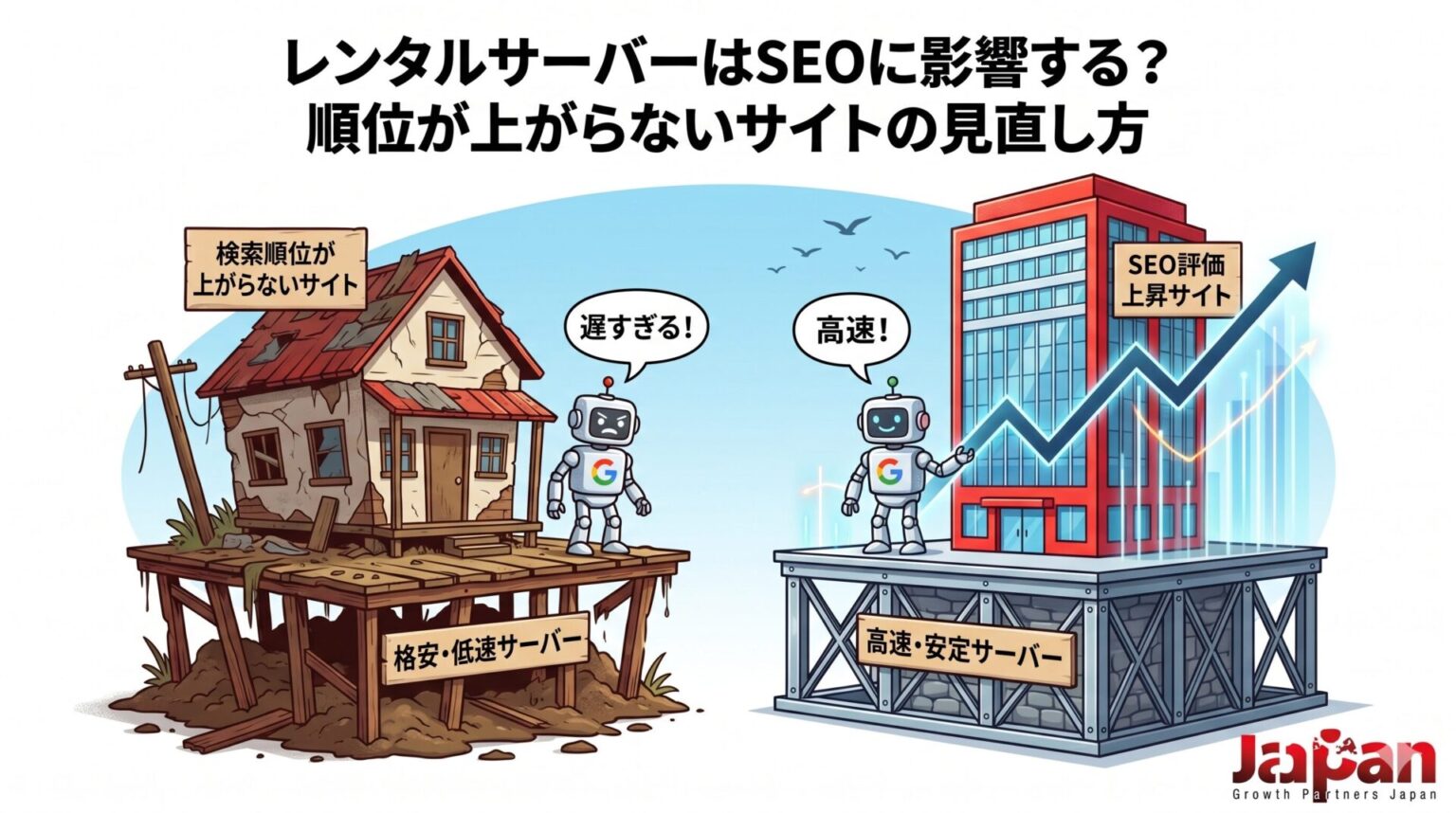 レンタルサーバーがSEOに影響する理由を比較したアイキャッチ画像。左に格安・低速サーバーで順位が上がらないサイト、右に高速・安定サーバーでSEO評価が上昇するサイトを対比している。