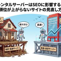 レンタルサーバーがSEOに影響する理由を比較したアイキャッチ画像。左に格安・低速サーバーで順位が上がらないサイト、右に高速・安定サーバーでSEO評価が上昇するサイトを対比している。