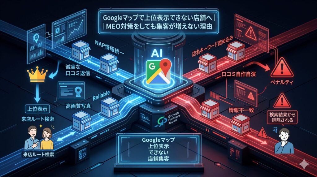 Googleマップで上位表示できない店舗集客の原因を、NAP情報統一・高品質写真・誠実な口コミ返信と、店名キーワード詰め込み・口コミ自作自演・情報不一致の対比で示したアイキャッチ画像