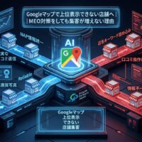 Googleマップで上位表示できない店舗集客の原因を、NAP情報統一・高品質写真・誠実な口コミ返信と、店名キーワード詰め込み・口コミ自作自演・情報不一致の対比で示したアイキャッチ画像