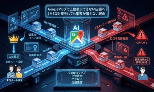 Googleマップで上位表示できない店舗集客の原因を、NAP情報統一・高品質写真・誠実な口コミ返信と、店名キーワード詰め込み・口コミ自作自演・情報不一致の対比で示したアイキャッチ画像