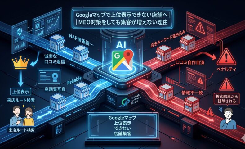 Googleマップで上位表示できない店舗集客の原因を、NAP情報統一・高品質写真・誠実な口コミ返信と、店名キーワード詰め込み・口コミ自作自演・情報不一致の対比で示したアイキャッチ画像