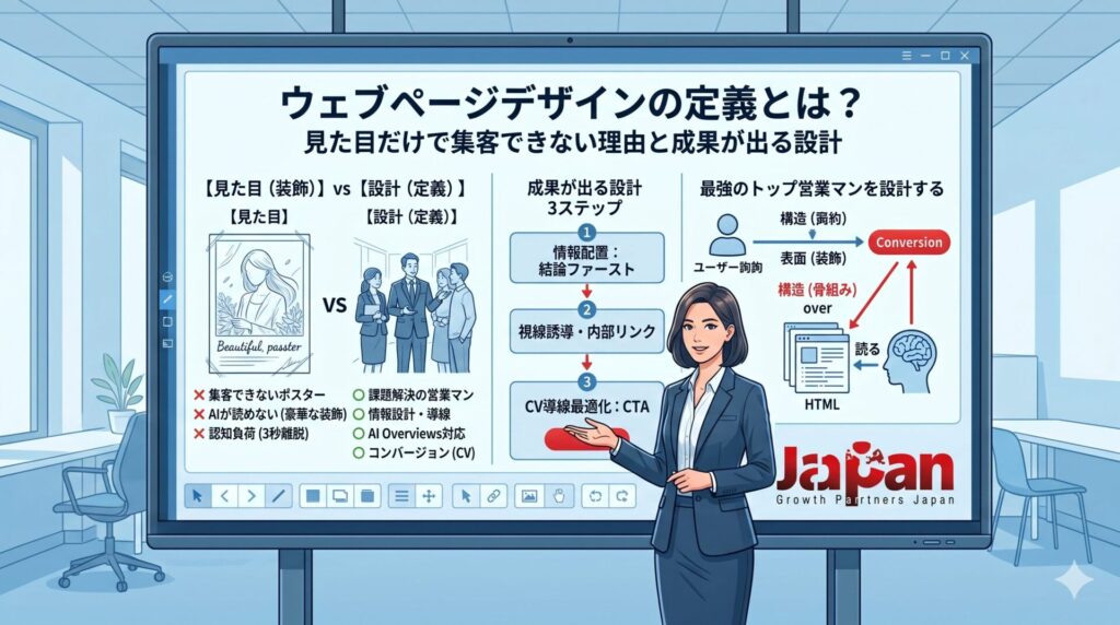 ウェブページデザインの定義を、見た目の装飾ではなく情報設計・導線設計・CV改善の視点で解説するアイキャッチ画像