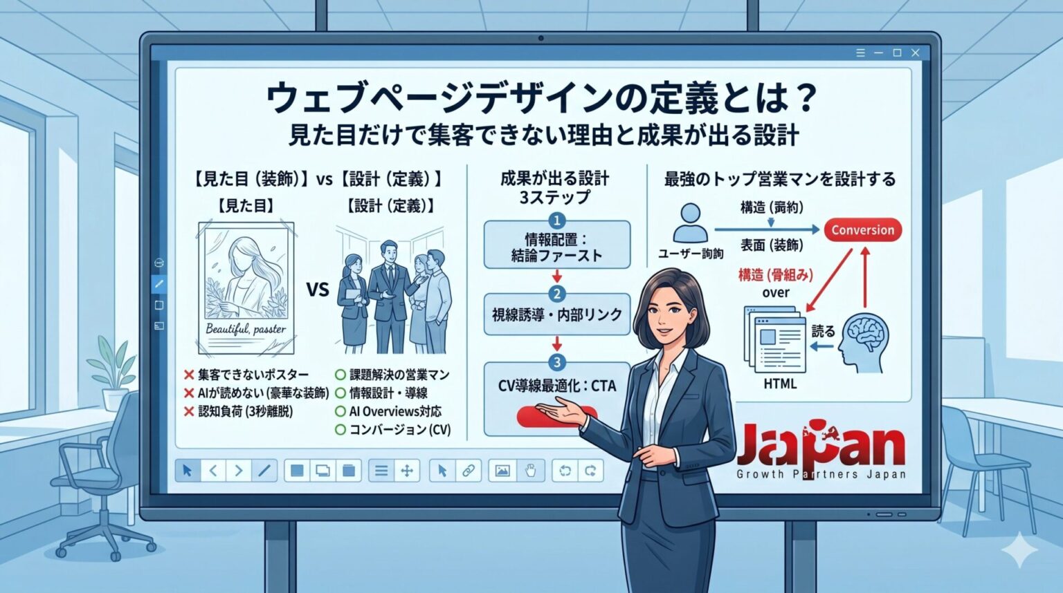 ウェブページデザインの定義を、見た目の装飾ではなく情報設計・導線設計・CV改善の視点で解説するアイキャッチ画像