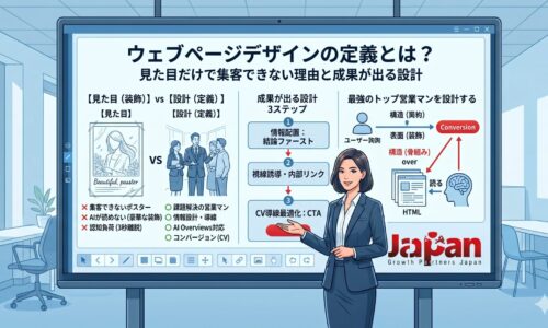 ウェブページデザインの定義を、見た目の装飾ではなく情報設計・導線設計・CV改善の視点で解説するアイキャッチ画像