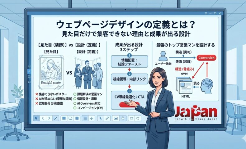 ウェブページデザインの定義を、見た目の装飾ではなく情報設計・導線設計・CV改善の視点で解説するアイキャッチ画像