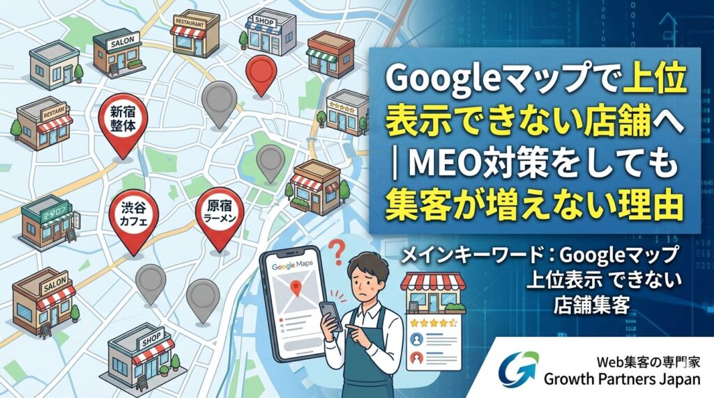 Googleマップで上位表示できず店舗集客に悩む店舗向けに、地図上の店舗ピンやスマホ画面、困った表情の人物とともに、MEO対策をしても集客が増えない理由を示したアイキャッチ画像