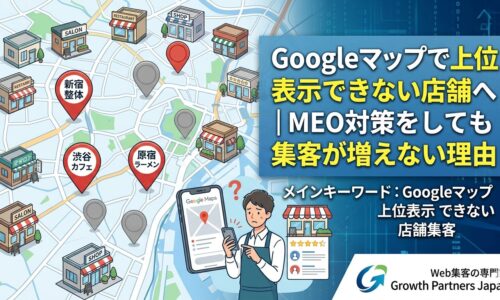 Googleマップで上位表示できず店舗集客に悩む店舗向けに、地図上の店舗ピンやスマホ画面、困った表情の人物とともに、MEO対策をしても集客が増えない理由を示したアイキャッチ画像