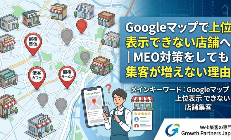 Googleマップで上位表示できず店舗集客に悩む店舗向けに、地図上の店舗ピンやスマホ画面、困った表情の人物とともに、MEO対策をしても集客が増えない理由を示したアイキャッチ画像