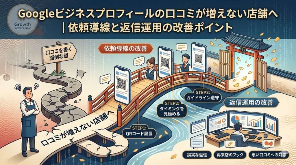 Googleビジネスプロフィールの口コミが増えない店舗向けに、QRコード設置・依頼導線・返信運用の改善策を図解した画像