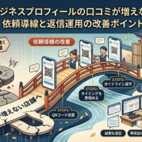 Googleビジネスプロフィールの口コミが増えない店舗向けに、QRコード設置・依頼導線・返信運用の改善策を図解した画像