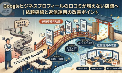 Googleビジネスプロフィールの口コミが増えない店舗向けに、QRコード設置・依頼導線・返信運用の改善策を図解した画像