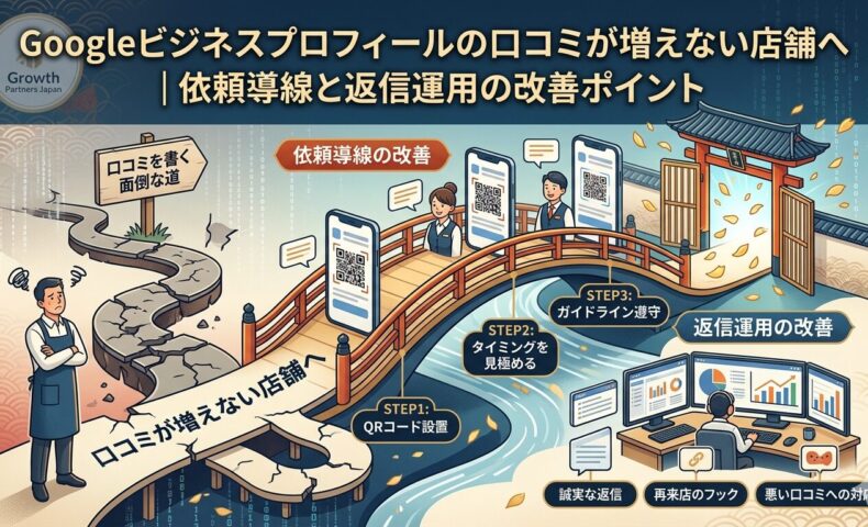 Googleビジネスプロフィールの口コミが増えない店舗向けに、QRコード設置・依頼導線・返信運用の改善策を図解した画像
