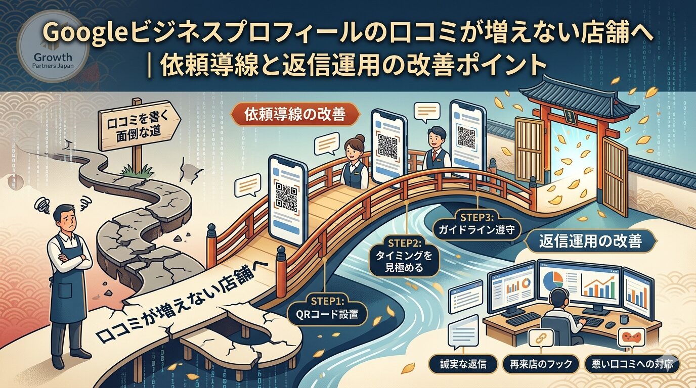 Googleビジネスプロフィールの口コミが増えない店舗向けに、QRコード設置・依頼導線・返信運用の改善策を図解した画像
