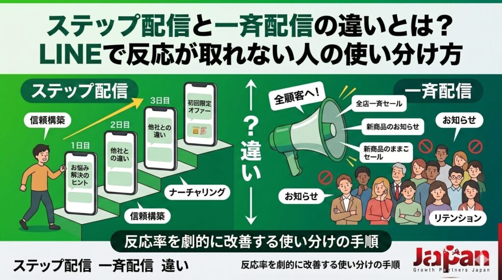 ステップ配信と一斉配信の違いを、LINEで反応が取れない原因や信頼構築・ナーチャリング・お知らせ配信の使い分けとして示したアイキャッチ画像