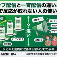 ステップ配信と一斉配信の違いを、LINEで反応が取れない原因や信頼構築・ナーチャリング・お知らせ配信の使い分けとして示したアイキャッチ画像
