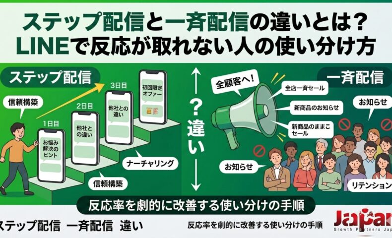ステップ配信と一斉配信の違いを、LINEで反応が取れない原因や信頼構築・ナーチャリング・お知らせ配信の使い分けとして示したアイキャッチ画像
