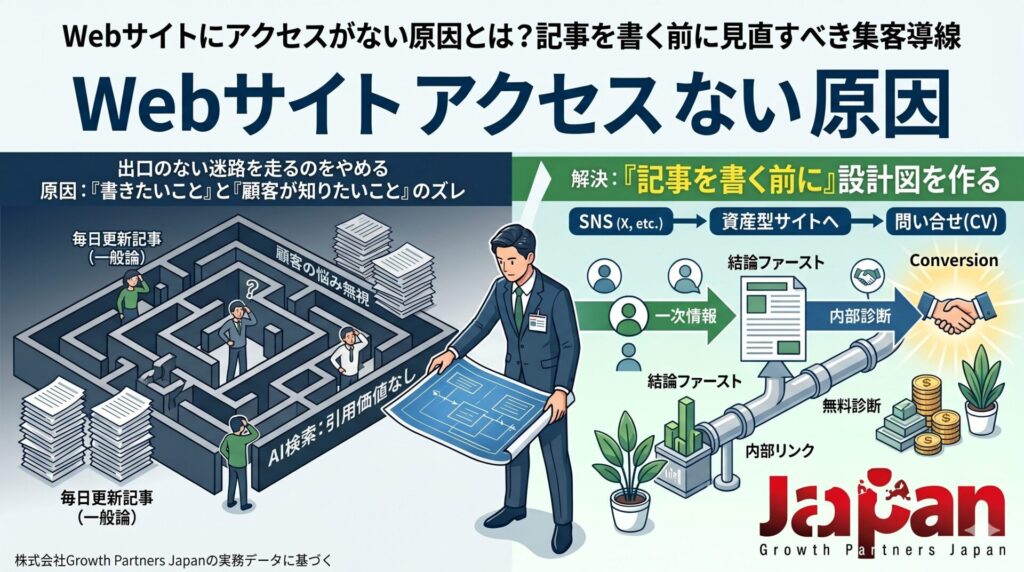 Webサイトにアクセスがない原因と、記事を書く前に見直すべき集客導線を図解した画像。迷路化した記事運用から、SNS・資産型サイト・問い合わせへつなぐ導線設計を示している。
