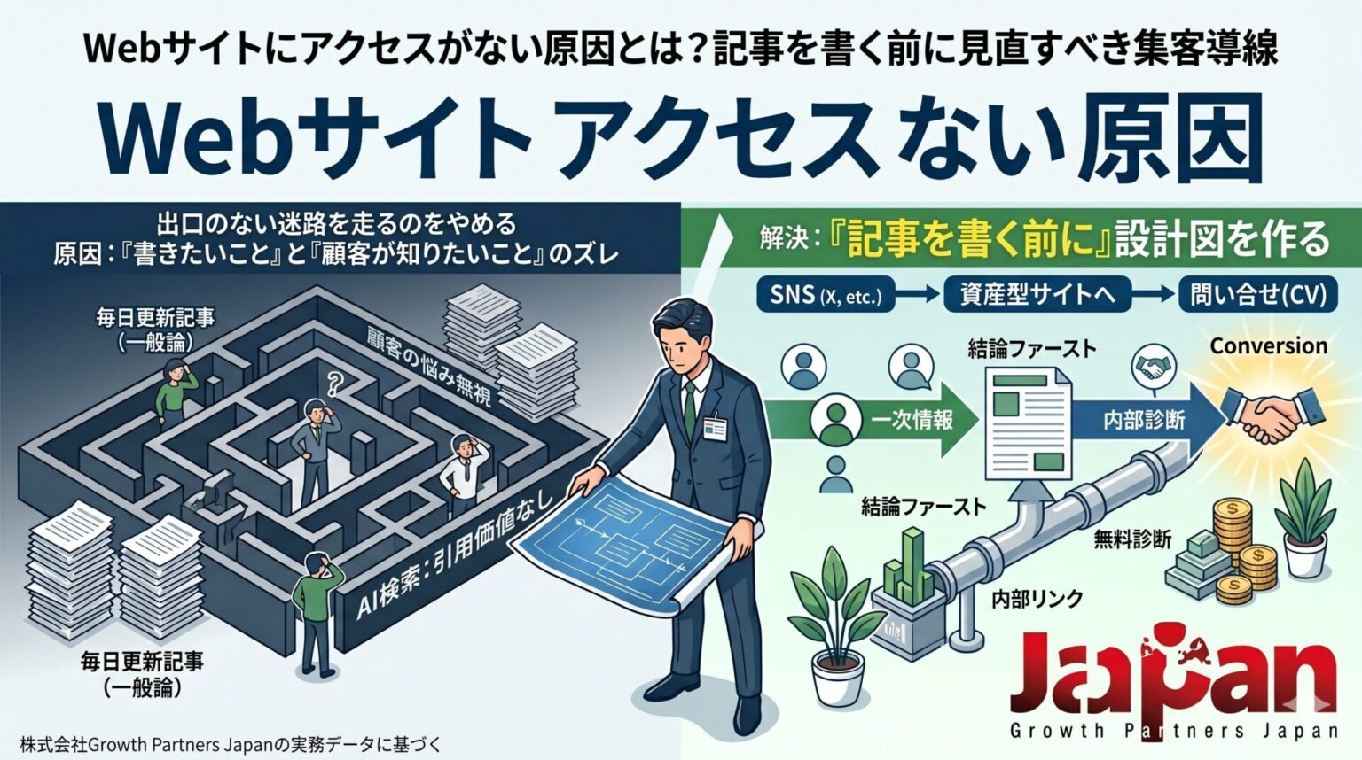 Webサイトにアクセスがない原因と、記事を書く前に見直すべき集客導線を図解した画像。迷路化した記事運用から、SNS・資産型サイト・問い合わせへつなぐ導線設計を示している。