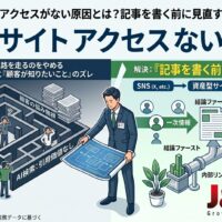 Webサイトにアクセスがない原因と、記事を書く前に見直すべき集客導線を図解した画像。迷路化した記事運用から、SNS・資産型サイト・問い合わせへつなぐ導線設計を示している。