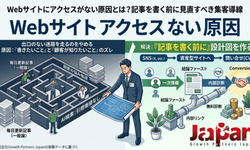 Webサイトにアクセスがない原因と、記事を書く前に見直すべき集客導線を図解した画像。迷路化した記事運用から、SNS・資産型サイト・問い合わせへつなぐ導線設計を示している。