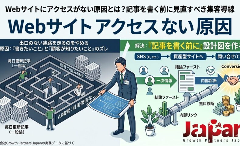 Webサイトにアクセスがない原因と、記事を書く前に見直すべき集客導線を図解した画像。迷路化した記事運用から、SNS・資産型サイト・問い合わせへつなぐ導線設計を示している。