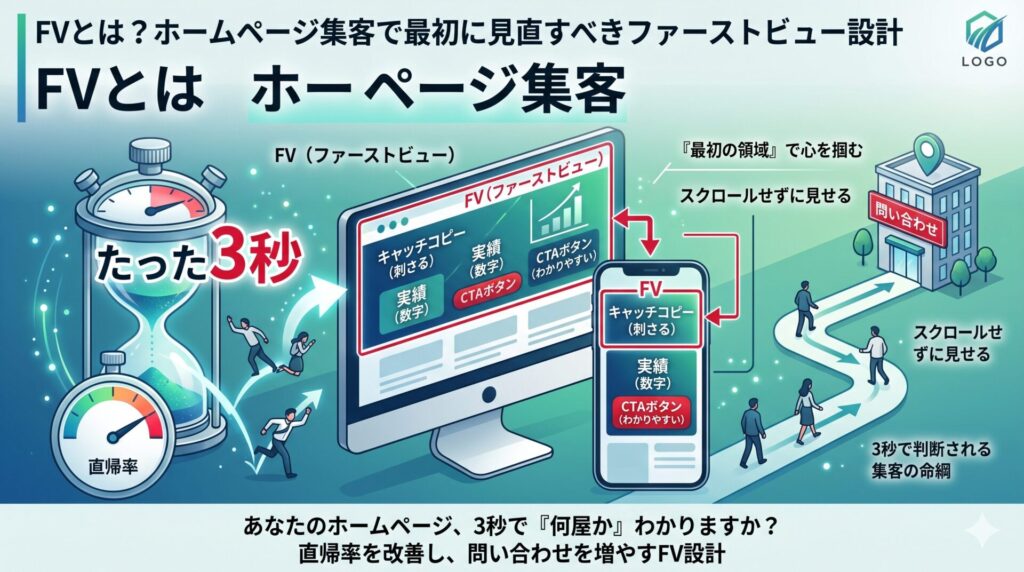 FVとは何かを解説し、ホームページ集客で最初に見直すべきファーストビュー設計の重要性を、3秒判断・直帰率・CTA配置の視点で図解したアイキャッチ画像