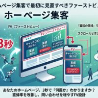 FVとは何かを解説し、ホームページ集客で最初に見直すべきファーストビュー設計の重要性を、3秒判断・直帰率・CTA配置の視点で図解したアイキャッチ画像