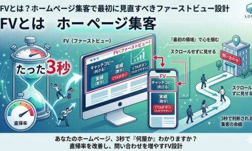 FVとは何かを解説し、ホームページ集客で最初に見直すべきファーストビュー設計の重要性を、3秒判断・直帰率・CTA配置の視点で図解したアイキャッチ画像