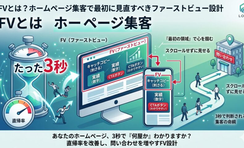 FVとは何かを解説し、ホームページ集客で最初に見直すべきファーストビュー設計の重要性を、3秒判断・直帰率・CTA配置の視点で図解したアイキャッチ画像