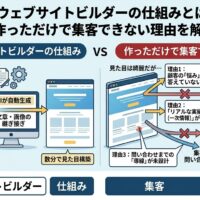 AIウェブサイトビルダーの仕組みと、作っただけでは集客できない理由を、文章や画像の自動生成、一次情報不足、問い合わせ導線不足の視点で示したアイキャッチ画像
