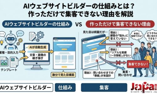 AIウェブサイトビルダーの仕組みと、作っただけでは集客できない理由を、文章や画像の自動生成、一次情報不足、問い合わせ導線不足の視点で示したアイキャッチ画像