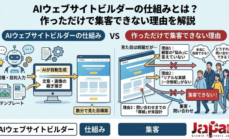 AIウェブサイトビルダーの仕組みと、作っただけでは集客できない理由を、文章や画像の自動生成、一次情報不足、問い合わせ導線不足の視点で示したアイキャッチ画像