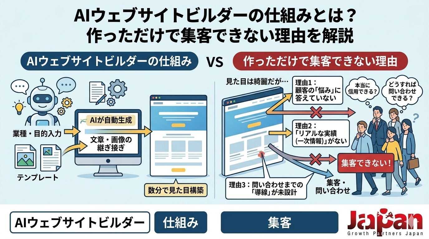 AIウェブサイトビルダーの仕組みと、作っただけでは集客できない理由を、文章や画像の自動生成、一次情報不足、問い合わせ導線不足の視点で示したアイキャッチ画像