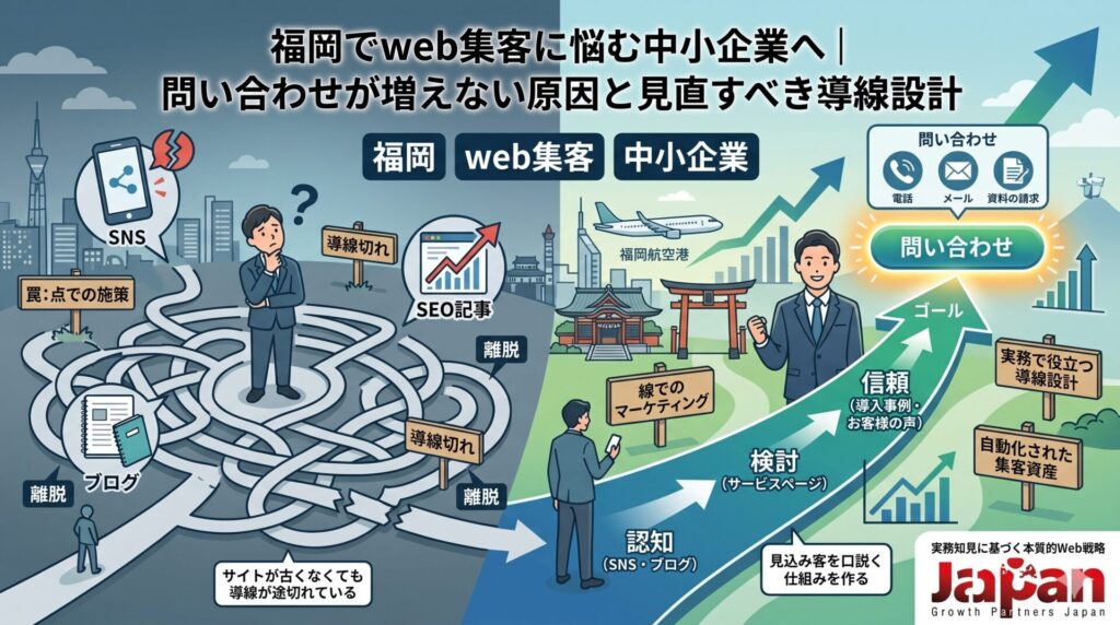 福岡の中小企業がweb集客で問い合わせを増やすために、SNSやSEO記事から信頼形成、問い合わせまでの導線設計を見直す流れを表した画像