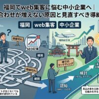 福岡の中小企業がweb集客で問い合わせを増やすために、SNSやSEO記事から信頼形成、問い合わせまでの導線設計を見直す流れを表した画像