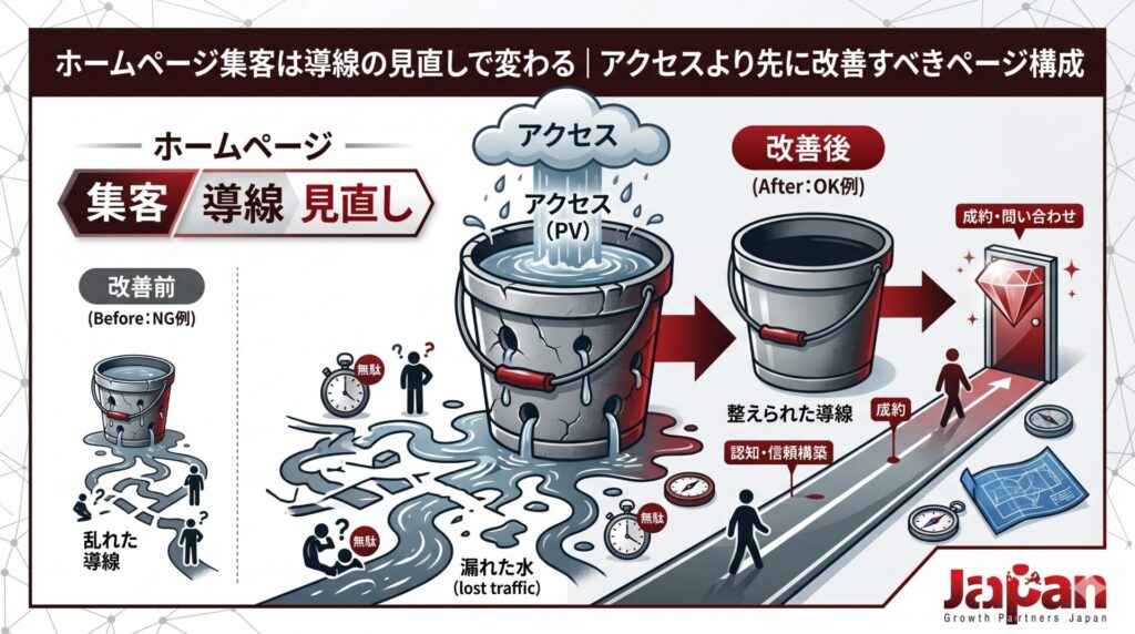ホームページ集客で重要な導線見直しを、アクセスが漏れるバケツと改善後の成約導線で比較したアイキャッチ画像