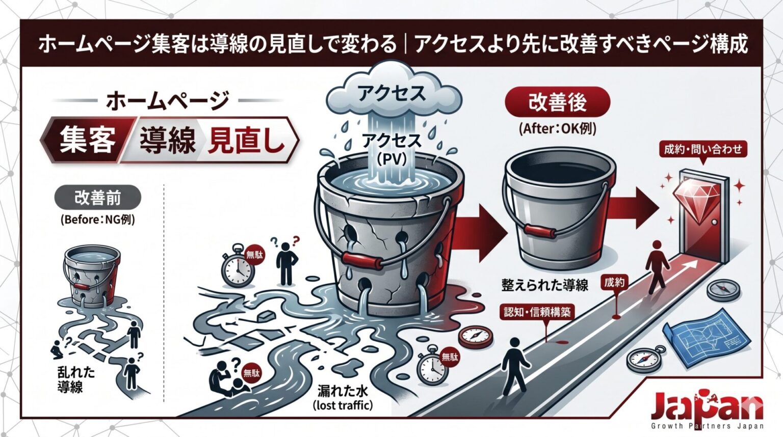 ホームページ集客で重要な導線見直しを、アクセスが漏れるバケツと改善後の成約導線で比較したアイキャッチ画像