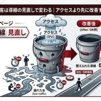 ホームページ集客で重要な導線見直しを、アクセスが漏れるバケツと改善後の成約導線で比較したアイキャッチ画像