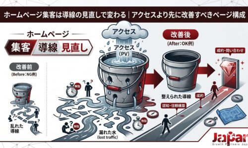 ホームページ集客で重要な導線見直しを、アクセスが漏れるバケツと改善後の成約導線で比較したアイキャッチ画像