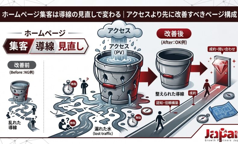 ホームページ集客で重要な導線見直しを、アクセスが漏れるバケツと改善後の成約導線で比較したアイキャッチ画像