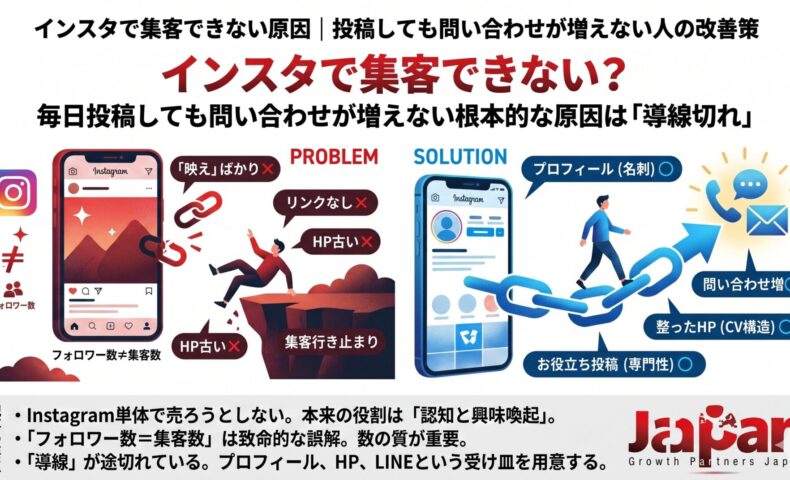 インスタで集客できない原因を、フォロワー数への誤解や導線切れ、プロフィール・ホームページ・LINEなど受け皿不足の視点で示したアイキャッチ画像