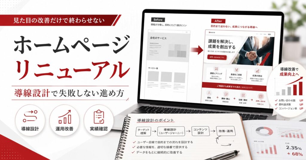 ホームページリニューアルについて、見た目の改善だけでなく導線設計、運用改善、実績確認、問い合わせ数向上を示したアイキャッチ画像