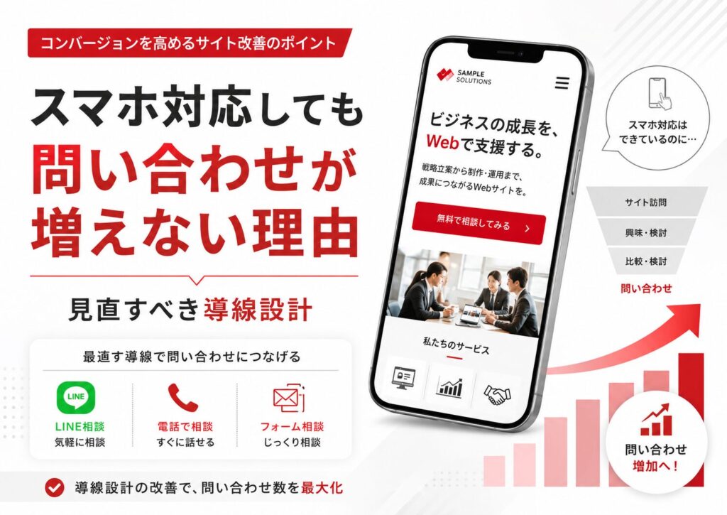 スマホ対応しているのに問い合わせが増えない理由をテーマに、スマートフォン表示、CTA、LINE相談、電話相談、フォーム相談、導線設計、問い合わせ増加を示したアイキャッチ画像