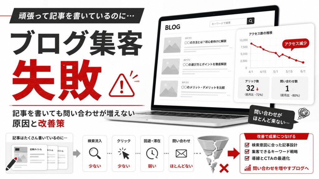ブログ集客で失敗する原因をテーマに、記事数は多いのに検索流入・クリック・回遊・問い合わせが少ない状態と、改善すべきSEO・CTA・導線設計を示したアイキャッチ画像