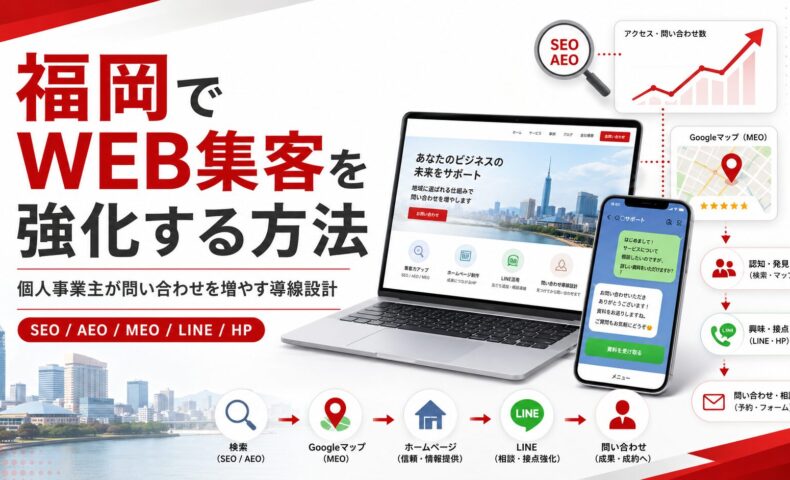 福岡でWEB集客を強化する方法をテーマに、SEO、AEO、MEO、LINE、ホームページ、問い合わせ導線を示したアイキャッチ画像